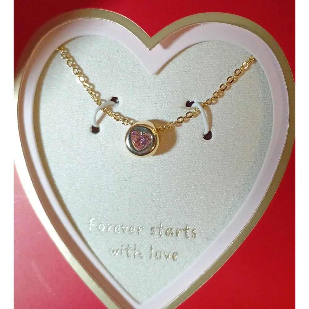 A New Day 14k Gold Dipped Pink Heart Cubic Zirconia Necklace 16-19 Inch NIB